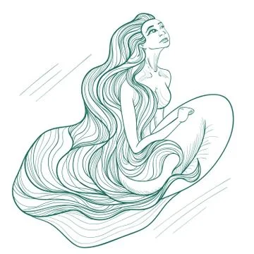 Hand drawn beautiful sadness mermaid Stock Illustration