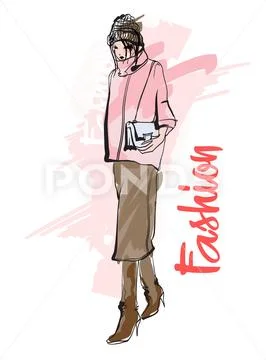 Hand drawn beautiful young woman. Stylish girl. Fashion woman sketch. Fashion Stock Illustration