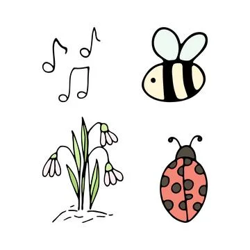 Hand drawn bee and ladybug on flowers for summer and spring decoration Stock Illustration