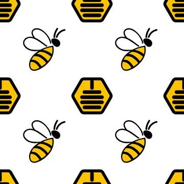 Hand drawn bee seamless pattern with a honeycomb icon. Vector Stock Illustration