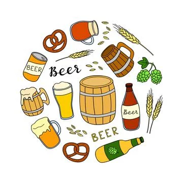 Hand drawn beer items in circle. Stock Illustration