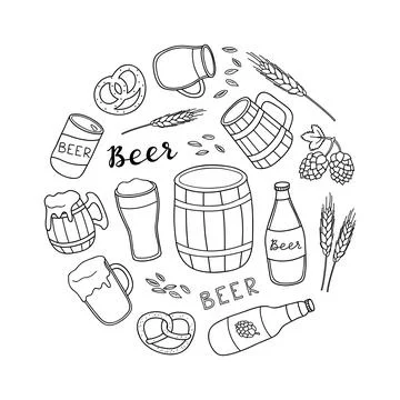 Hand drawn beer items in circle. Stock Illustration