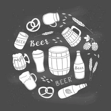 Hand drawn beer items in circle. Stock Illustration