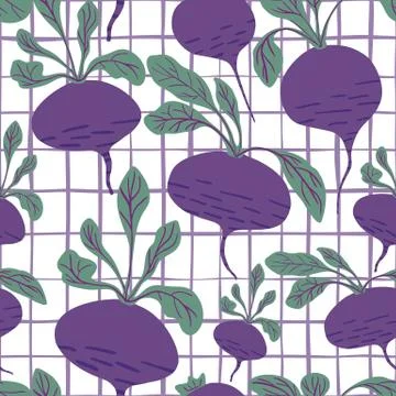 Hand drawn beet seamless pattern on stripes background. Doodle beetroot wallp Stock Illustration