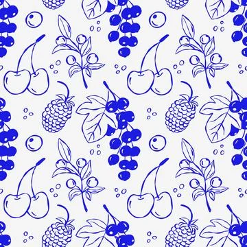 Hand-drawn berries pattern in blue ink with cherries, raspberries, mulberry.. Stock Illustration