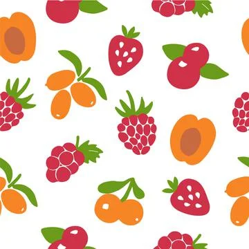 Hand drawn berry seamless pattern. Berry icon and strawberry inscription for  Stock Illustration