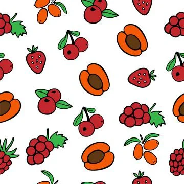 Hand drawn berry seamless pattern. Berry icon and strawberry inscription for  Stock Illustration