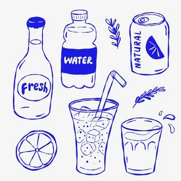 Hand-drawn beverage icons with refreshing elements Stock Illustration