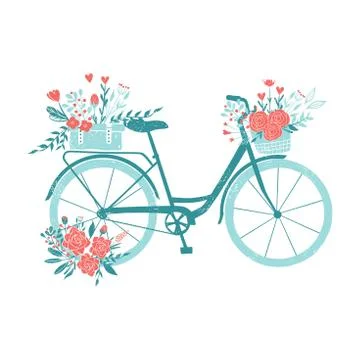 Hand drawn bicycle, romantic bike with flowers, retro bike for breakfast with Stock Illustration