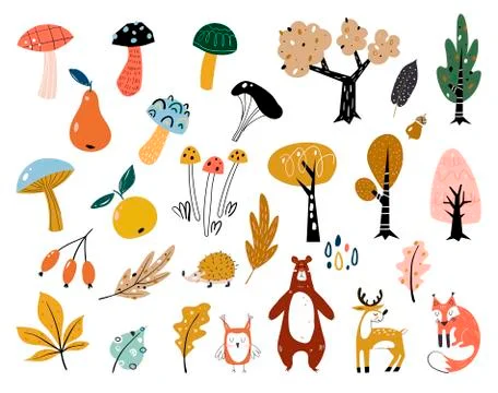 Hand drawn big vector set of various types of mushrooms, autumn leaves, rowan Stock Illustration