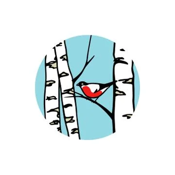 Hand drawn birch tree and a bird Stock Illustration