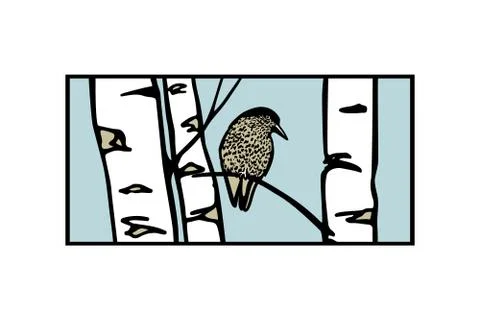 Hand drawn birch tree and a bird Stock Illustration