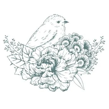 Hand drawn bird with flowers Stock Illustration