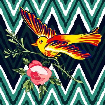 Hand drawn bird flying with flower roses tropical vintage print, Stock Illustration