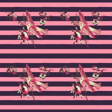 Hand drawn bird flying with flower roses on stripe pattern pink background. T Stock Illustration