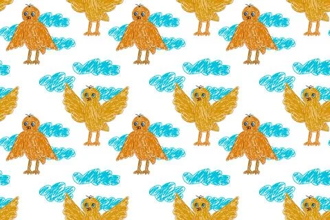 Hand-Drawn Birds and Clouds Seamless Pattern Stock Illustration
