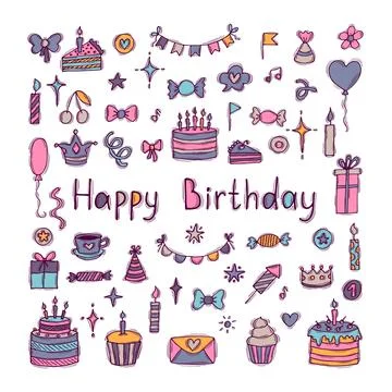 Hand drawn Birthday elements. Holiday collection. Doodle decoration. Set of.. 스톡 일러스트