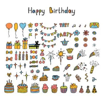 Hand drawn Birthday elements. Holiday collection. Party time clipart. Doodl.. 스톡 일러스트