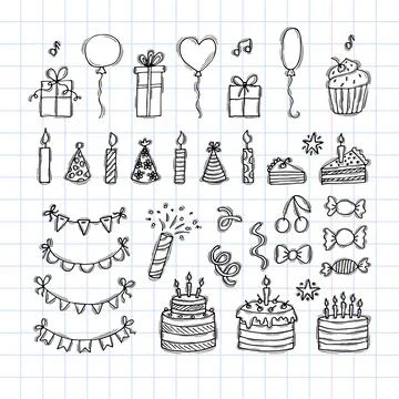 Hand drawn Birthday elements. Holiday collection. Set of party design eleme.. Stock Illustration