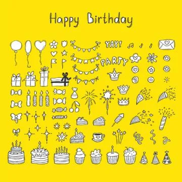 Hand drawn Birthday elements. Holiday collection. Doodle. Set of party deco.. Stock Illustration