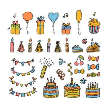 Hand drawn Birthday elements. Holiday collection. Set of party elements. Do.. Stock Illustration