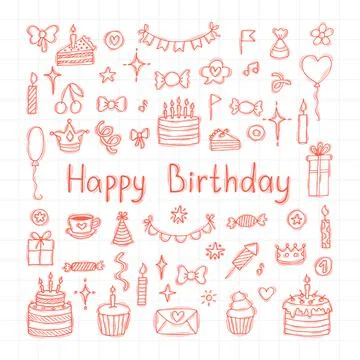 Hand drawn Birthday elements. Holiday collection. Set of party elements. Do.. Illustrazione stock