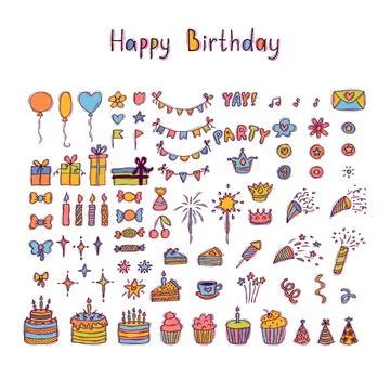 Hand drawn Birthday elements. Holiday collection. Doodle decoration. Party .. Stock Illustration