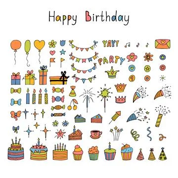Hand drawn Birthday elements. Holiday collection. Doodle decoration. Party .. Illustrazione stock