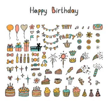 Hand drawn Birthday elements. Holiday collection. Doodle decoration. Party .. Illustrazione stock