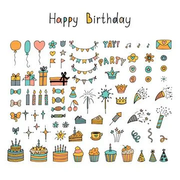 Hand drawn Birthday elements. Holiday collection. Doodle decoration. Party .. 스톡 일러스트