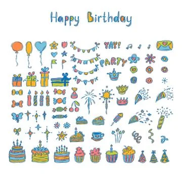 Hand drawn Birthday elements. Holiday collection. Doodle decoration. Party .. Illustrazione stock