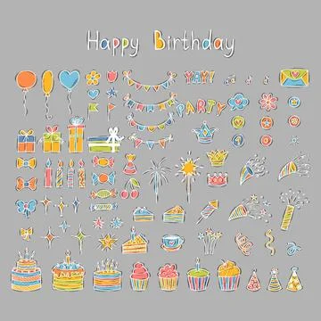 Hand drawn Birthday elements. Holidays. Party time clipart. Doodle decorati.. Illustrazione stock