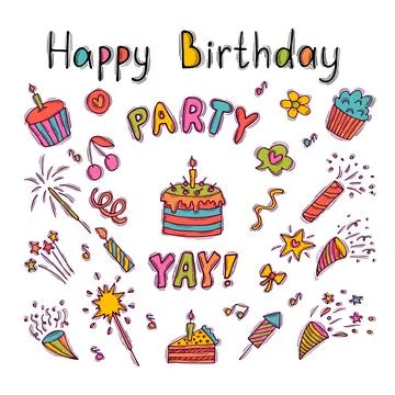 Hand drawn Birthday elements. Party postcard. Set of party design elements... Illustrazione stock