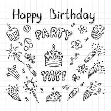 Hand drawn Birthday elements. Set of party design elements. Doodle decorati.. Stock Illustration