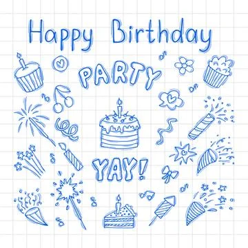 Hand drawn Birthday elements. Set of party design elements. Party postcard... Stock Illustration