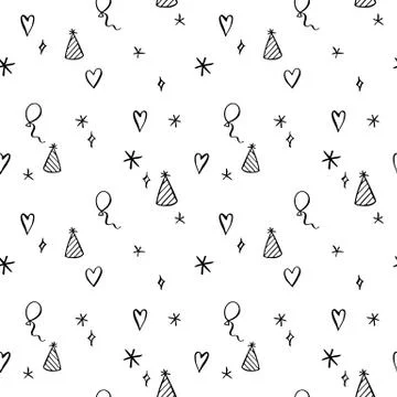 Hand drawn birthday seamless pattern with balloons, hearts, sparkles etc Stock Illustration