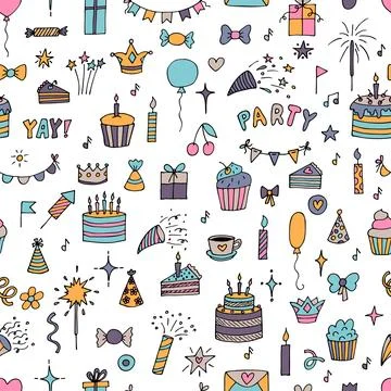 Hand drawn Birthday seamless pattern. Cute background. Party theme Stock Illustration