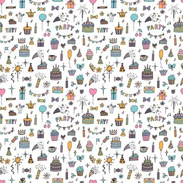 Hand drawn Birthday seamless pattern. Happy Birthday print. Cute party back.. Stock Illustration
