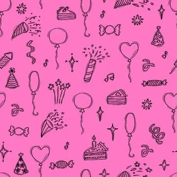 Hand drawn Birthday seamless pattern. Happy Birthday print. Cute doodle par.. Stock Illustration