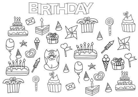 Hand drawn birthday set. Coloring book page template.  Outline doodle Stock Illustration