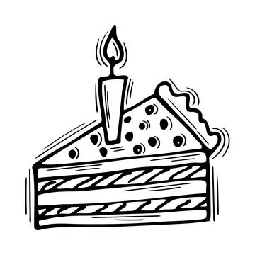 Hand drawn Birthday slice of cake. Doodle pastry food. Wedding, party, anni.. Illustrazione stock