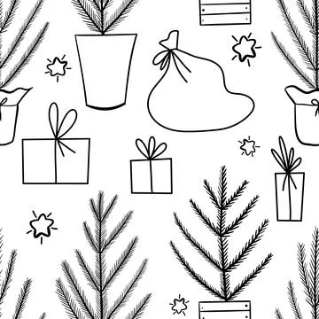 Hand drawn black and white seamless pattern with Christmas winter trees Stock Illustration