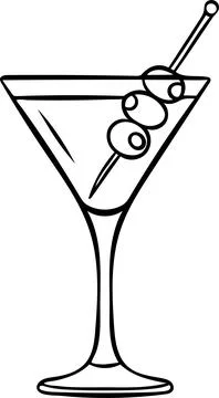 Hand-drawn black and white icon of an elegant margarita cocktail with olive.. Stock Illustration