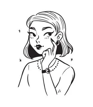 Hand-drawn black and white line art of a stylish young woman thinking Stock Illustration