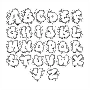 Hand drawn black and white graffiti bubble font alphabet with dripping pain.. Stock-Illustration