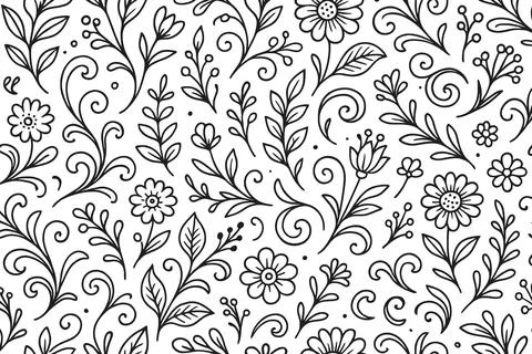 Hand drawn black and white floral swirls and leaves pattern Stock Illustration