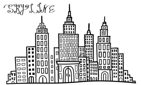 Hand drawn black and white vector illustration of a city skyline with skyscra Stockillustratie