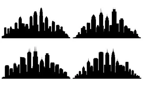 Hand drawn black and white vector silhouette set featuring modern city skylin Ilustración de archivo