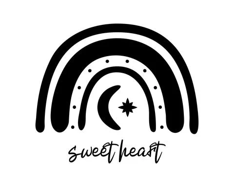 Hand drawn black boho rainbow. Flat monochrome rainbow with star, moon and sw Stock Illustration