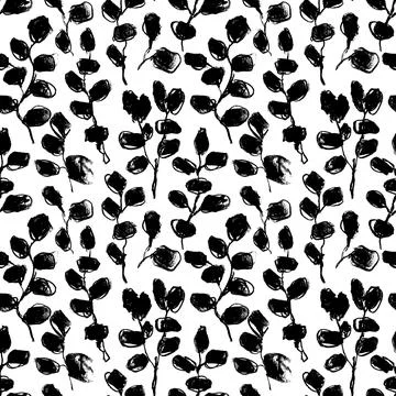 Hand drawn black brush branches seamless pattern Stock Illustration